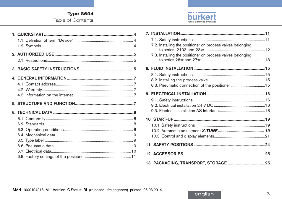 English | Burkert Type 8694 User Manual | Page 3 / 76