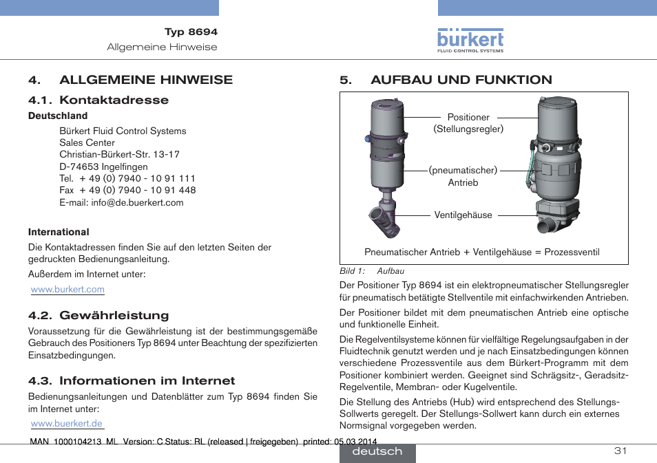 Allgemeine hinweise, Aufbau und funktion | Burkert Type 8694 User Manual | Page 31 / 76