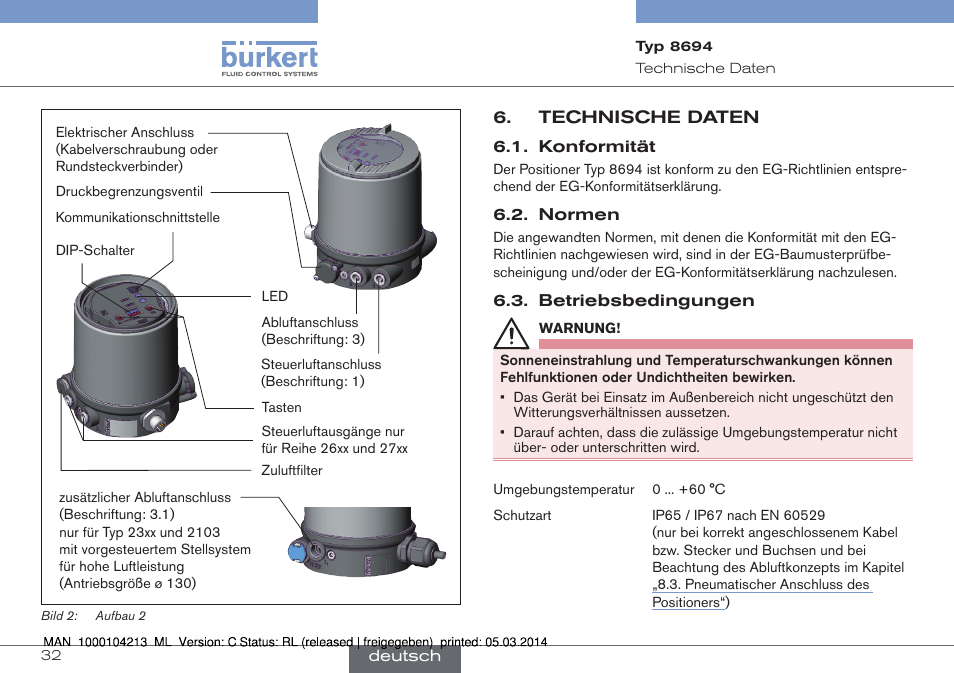 Technische daten, Konformität 6.2. normen 6.3. betriebsbedingungen | Burkert Type 8694 User Manual | Page 32 / 76