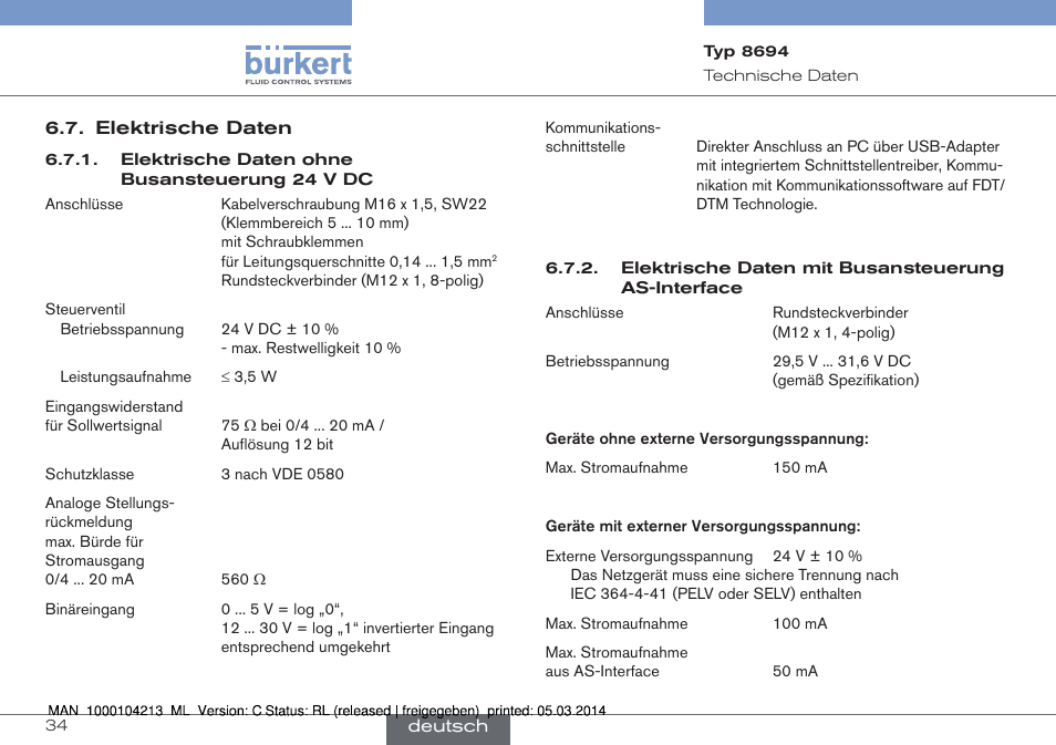 Elektrische daten | Burkert Type 8694 User Manual | Page 34 / 76