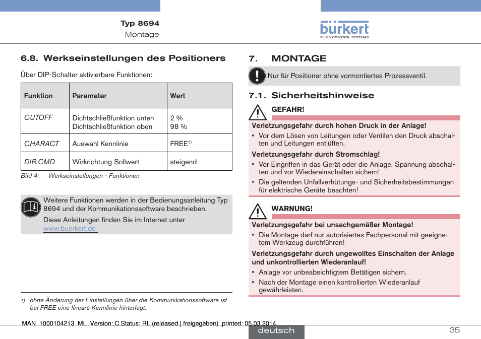 Werkseinstellungen des positioners, Montage, Sicherheitshinweise | Burkert Type 8694 User Manual | Page 35 / 76