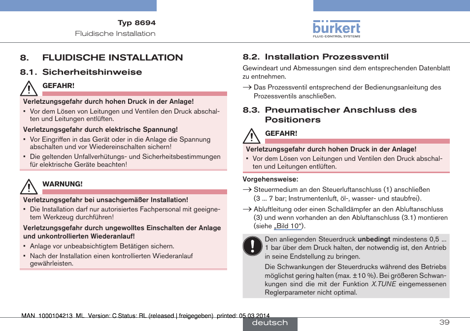 Fluidische installation | Burkert Type 8694 User Manual | Page 39 / 76