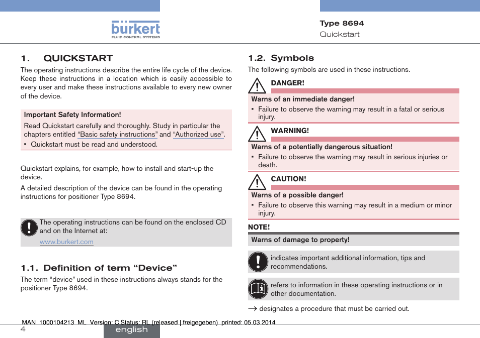 Quickstart, Definition of term “device” 1.2. symbols | Burkert Type 8694 User Manual | Page 4 / 76