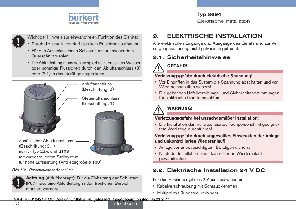 Elektrische installation | Burkert Type 8694 User Manual | Page 40 / 76