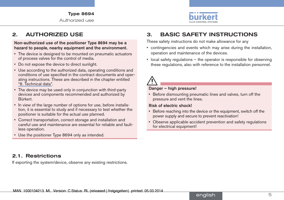 Authorized use, Restrictions, Basic safety instructions | Burkert Type 8694 User Manual | Page 5 / 76