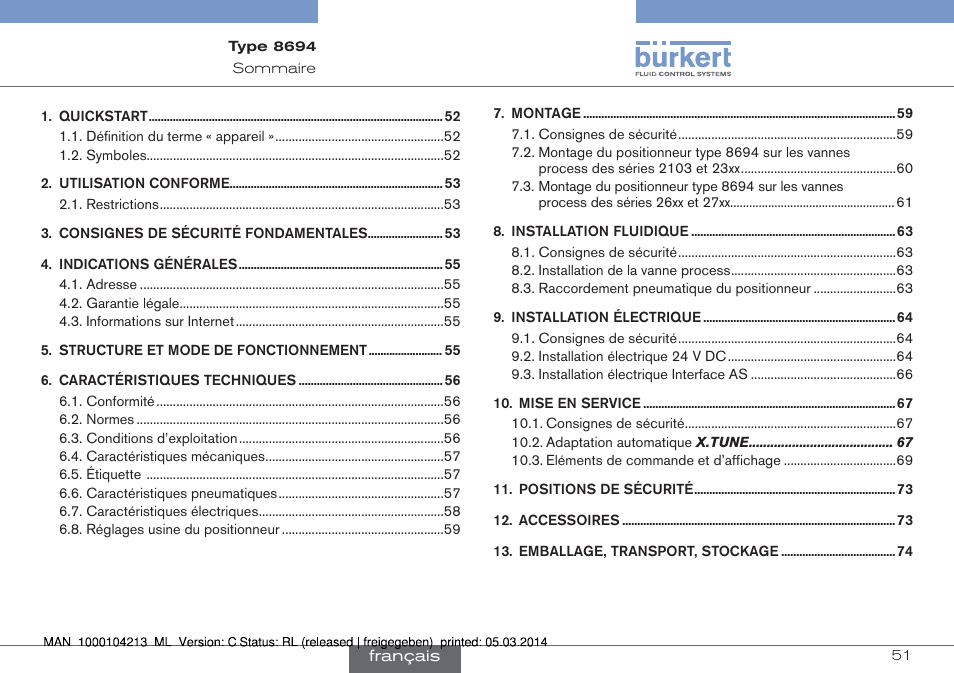 Français | Burkert Type 8694 User Manual | Page 51 / 76