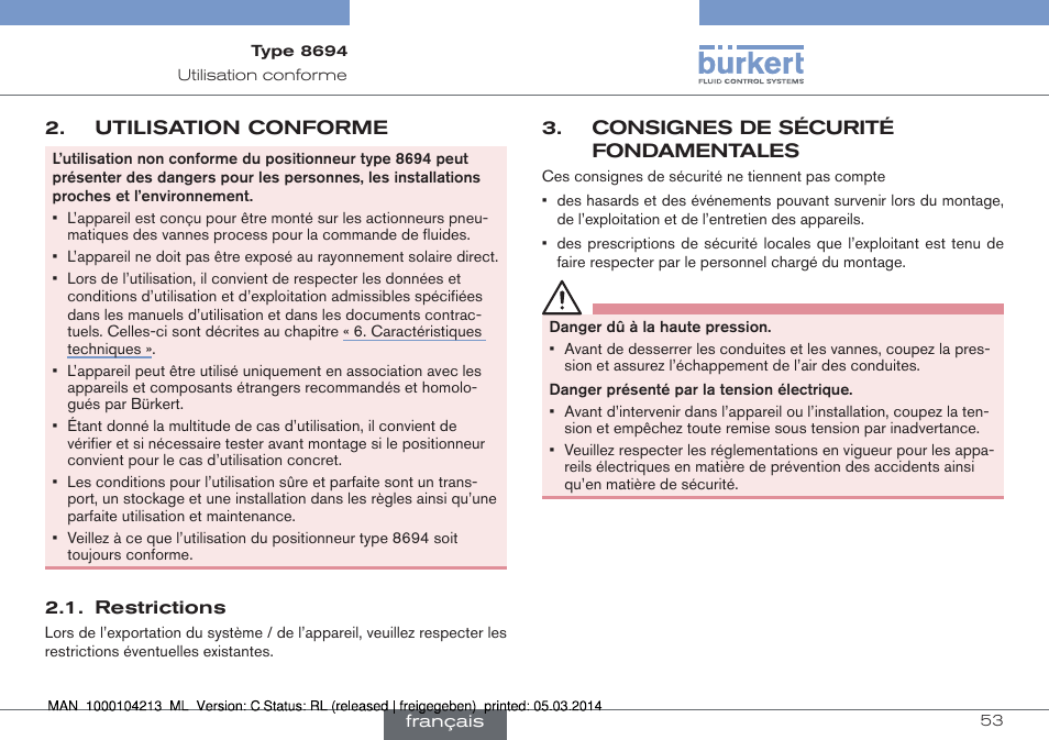 Utilisation conforme, Restrictions, Consignes de sécurité fondamentales | Burkert Type 8694 User Manual | Page 53 / 76