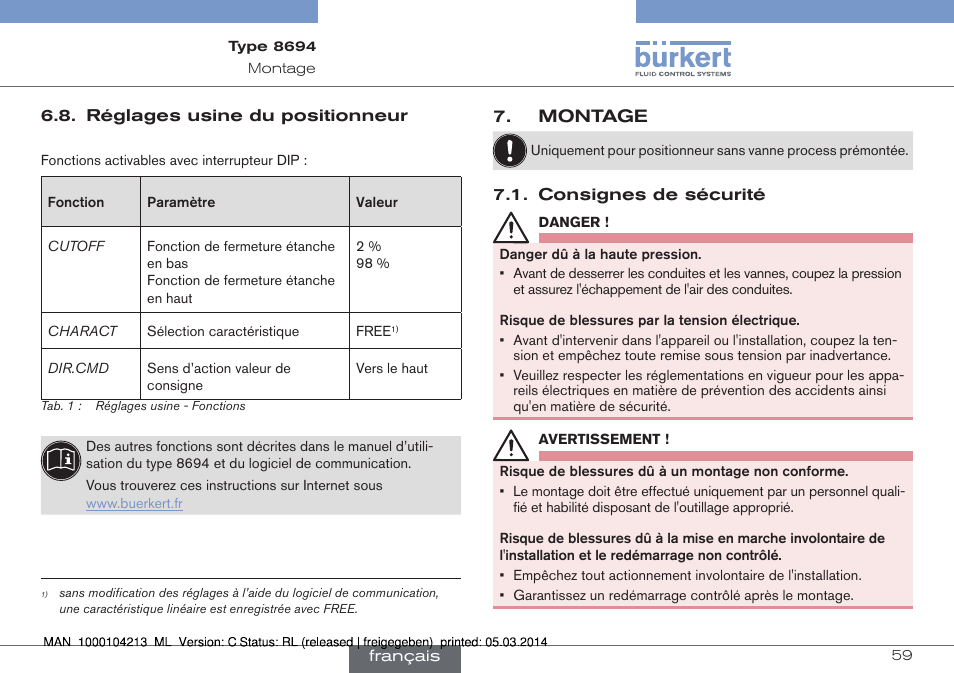 Réglages usine du positionneur, Montage, Consignes de sécurité | Burkert Type 8694 User Manual | Page 59 / 76