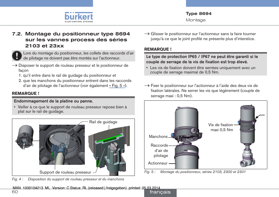 Montage du positionneur type 8694 sur les vannes, Process des séries 2103 et 23xx | Burkert Type 8694 User Manual | Page 60 / 76