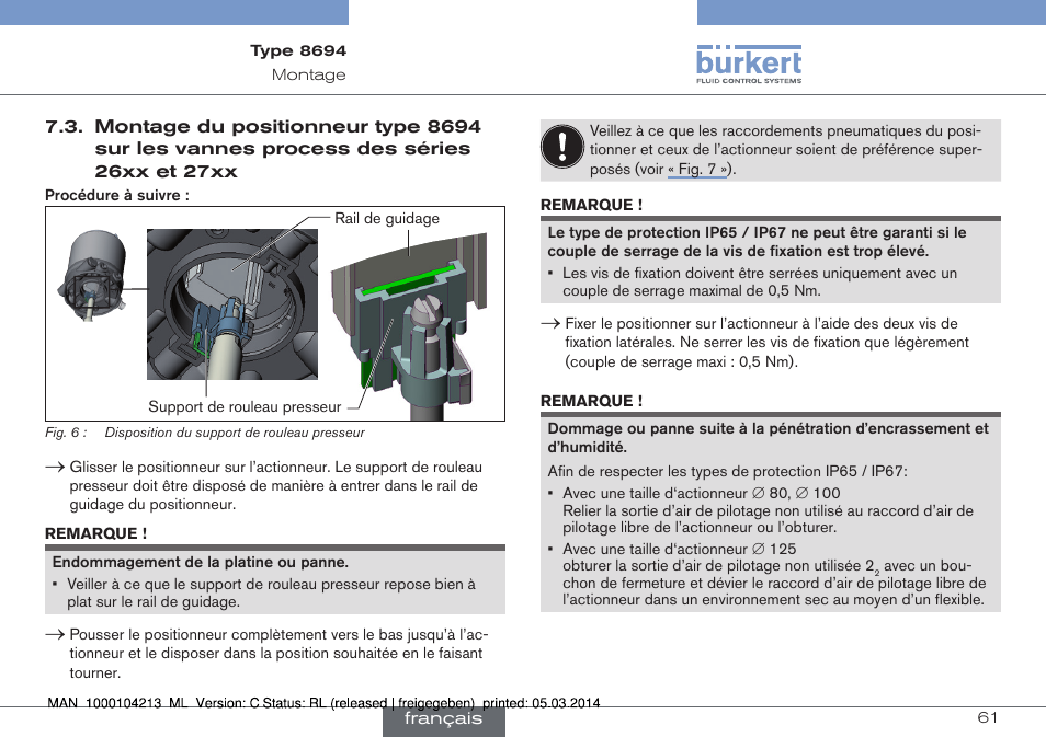 Montage du positionneur type 8694 sur les vannes, Process des séries 26xx et 27xx | Burkert Type 8694 User Manual | Page 61 / 76