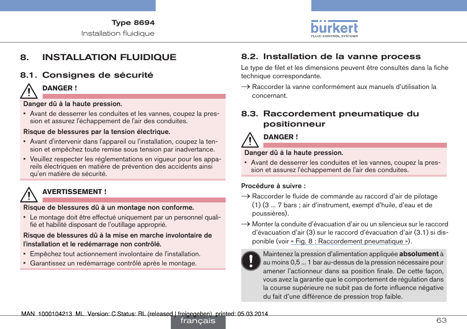 Installation fluidique | Burkert Type 8694 User Manual | Page 63 / 76