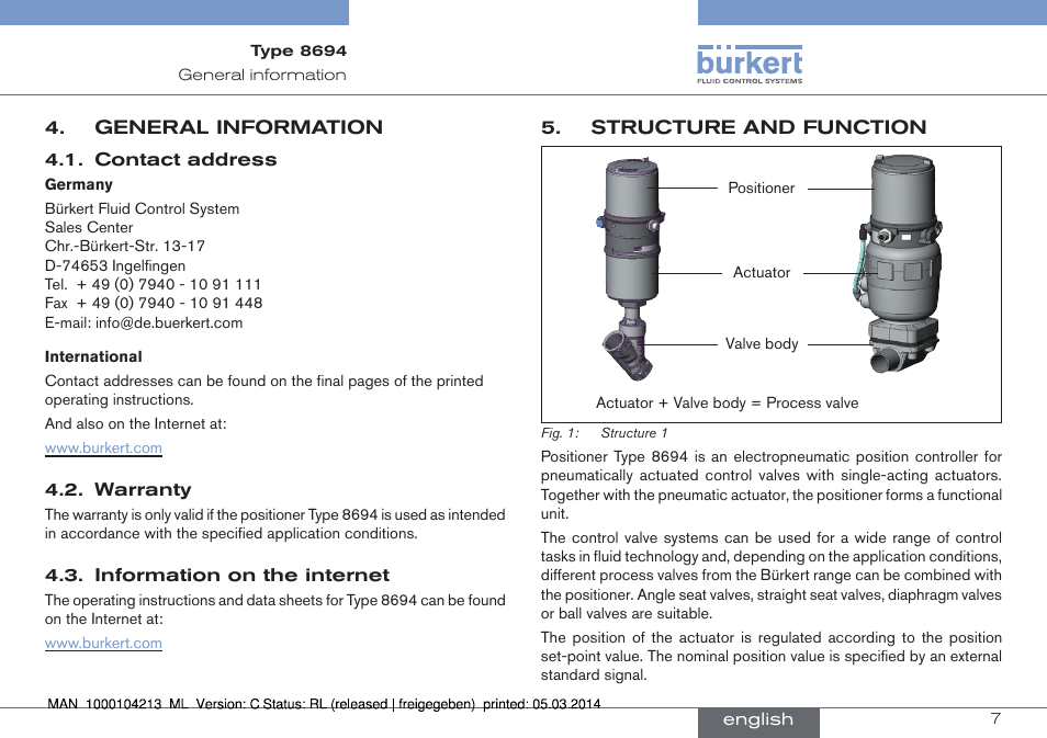 General information, Structure and function | Burkert Type 8694 User Manual | Page 7 / 76