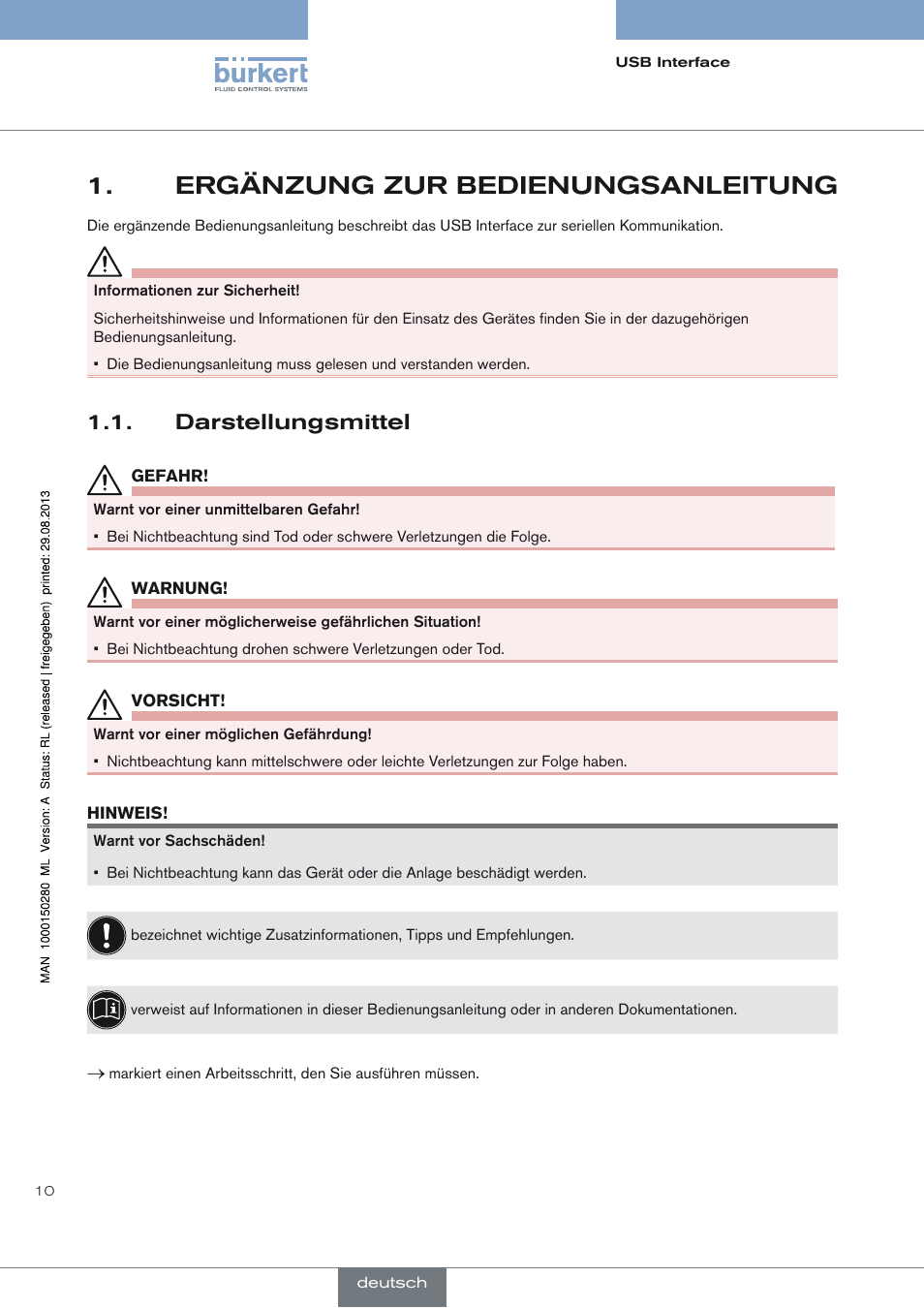 Ergänzung zur bedienungsanleitung, Darstellungsmittel, Ergänzung zur bedienungsanleitung 1 | Darstellungsmittel 1.1 | Burkert Type 8791 User Manual | Page 10 / 21