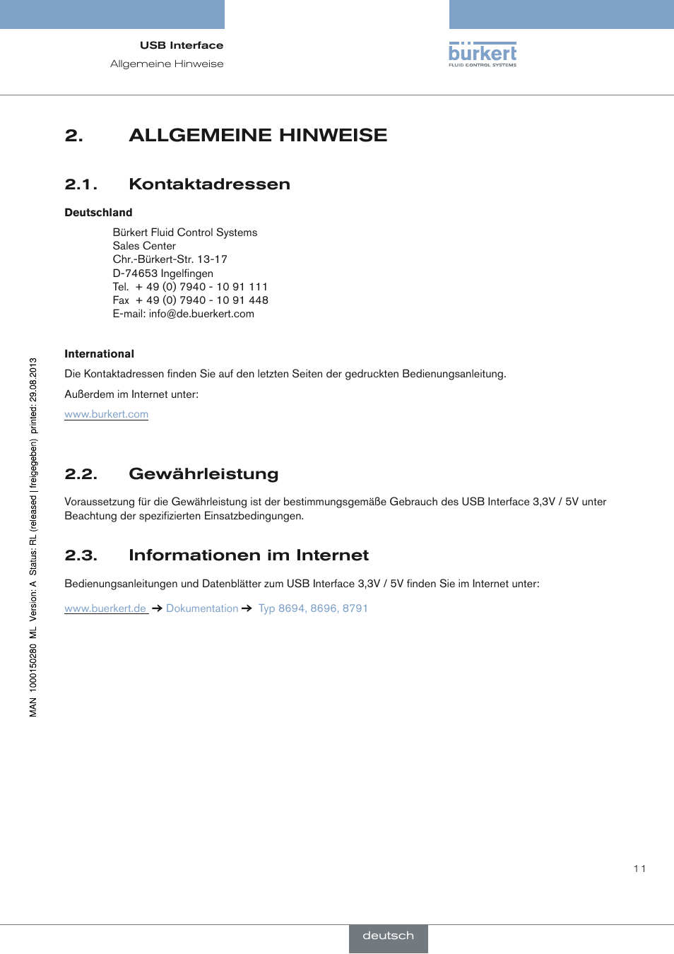Allgemeine hinweise, Kontaktadressen, Gewährleistung | Informationen im internet, Allgemeine hinweise 2, Kontaktadressen 2.1, Gewährleistung 2.2, Informationen im internet 2.3 | Burkert Type 8791 User Manual | Page 11 / 21