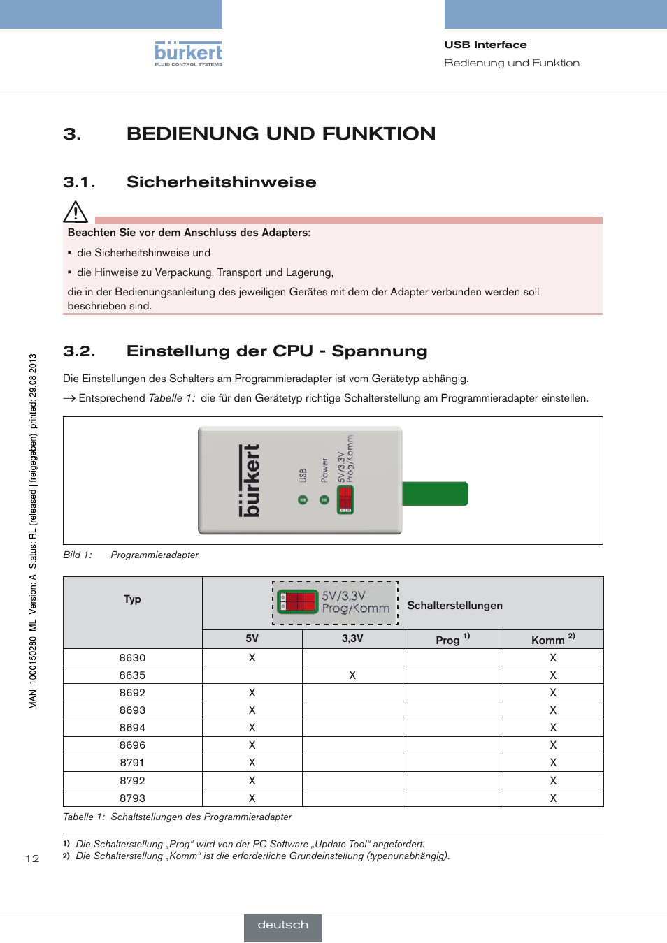 Bedienung und funktion, Sicherheitshinweise, Einstellung der cpu - spannung | Bedienung und funktion 3, Sicherheitshinweise 3.1, Einstellung der cpu - spannung 3.2 | Burkert Type 8791 User Manual | Page 12 / 21