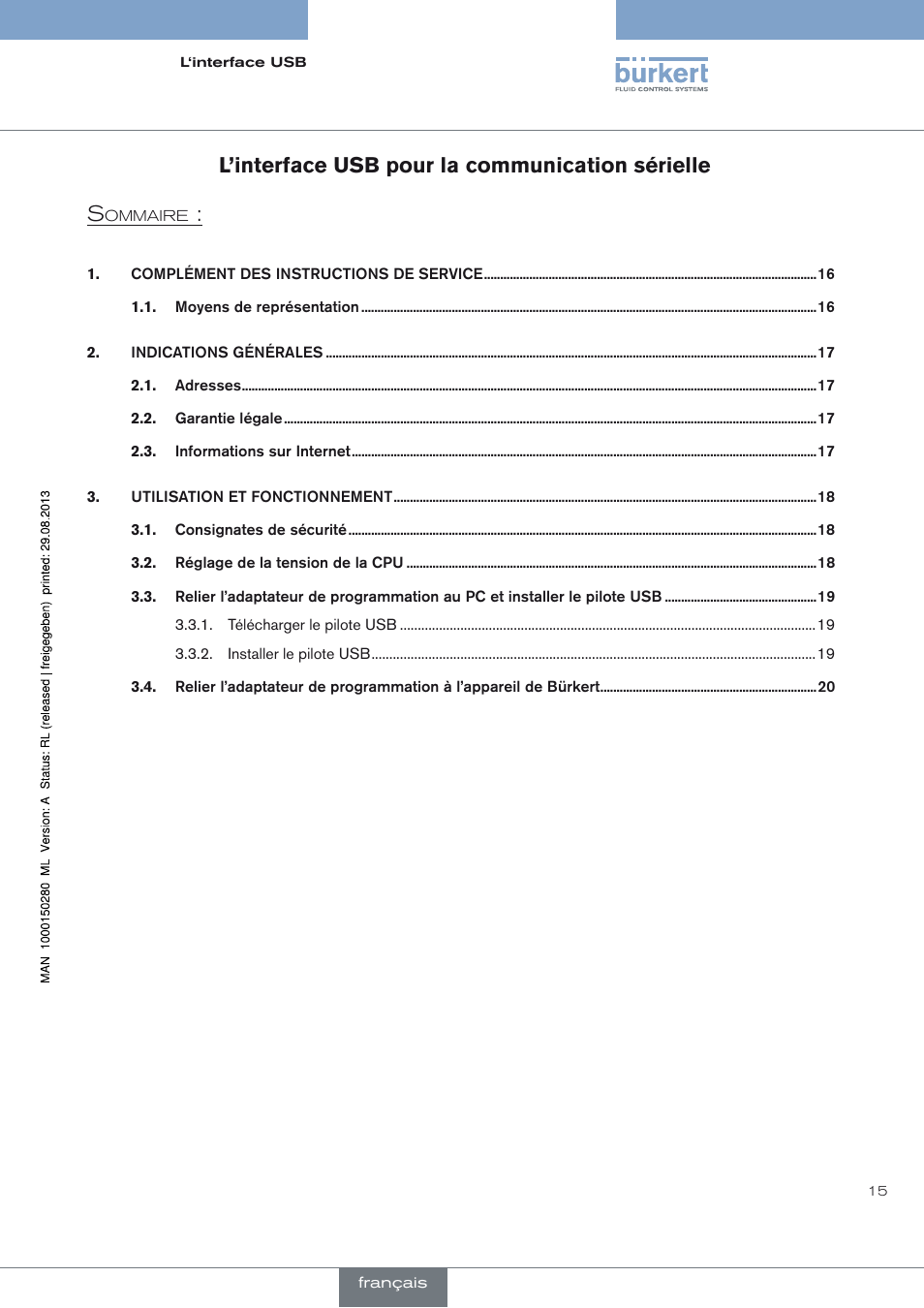 Francais, L’interface usb pour la communication sérielle | Burkert Type 8791 User Manual | Page 15 / 21
