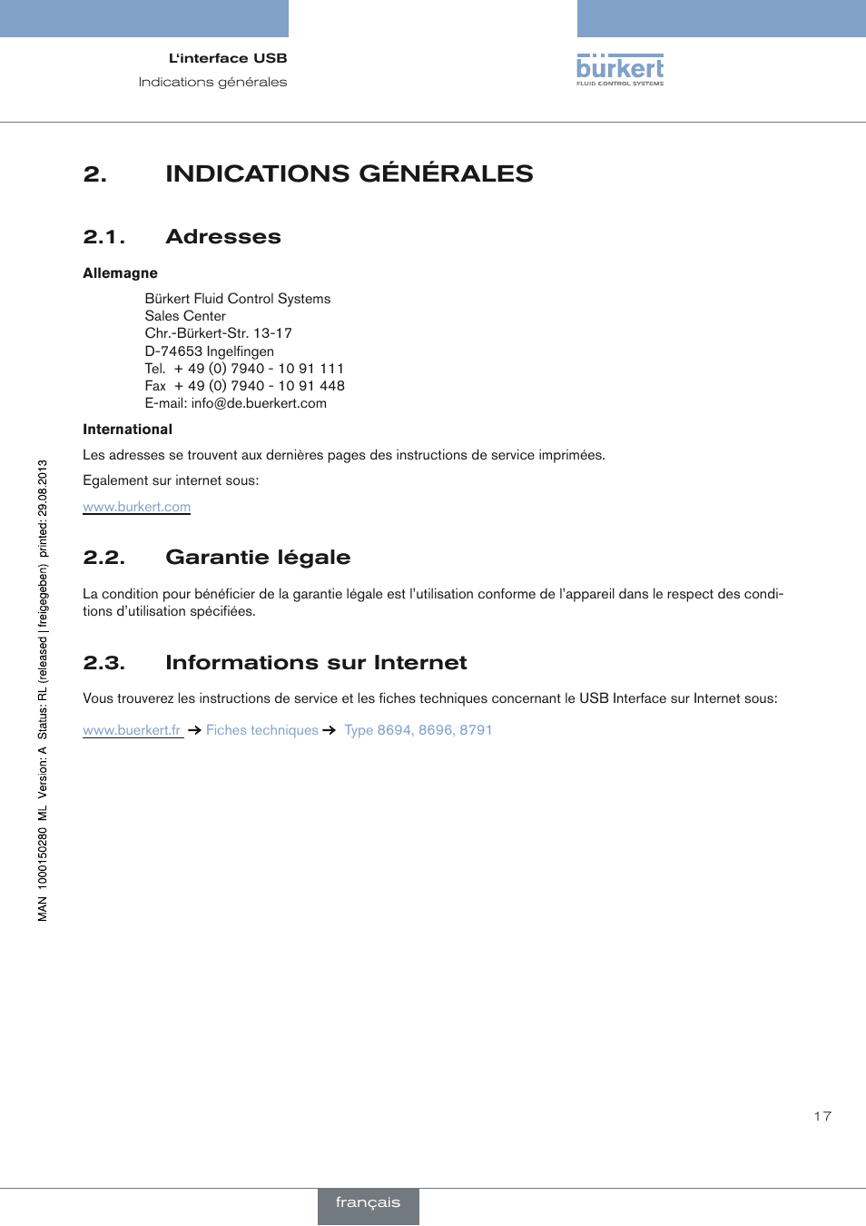 Indications générales, Adresses, Garantie légale | Informations sur internet, Indications générales 2, Adresses 2.1, Garantie légale 2.2, Informations sur internet 2.3 | Burkert Type 8791 User Manual | Page 17 / 21