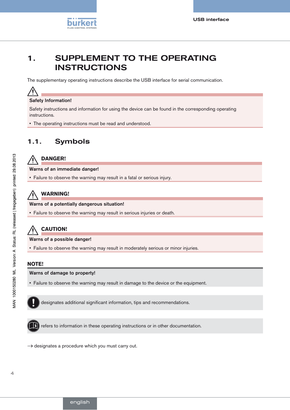 Supplement to the operating instructions, Symbols, Supplement to the operating 1. instructions | Symbols 1.1 | Burkert Type 8791 User Manual | Page 4 / 21