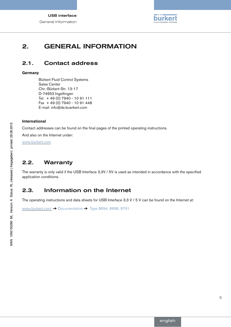 General information, Contact address, Warranty | Information on the internet, General information 2, Contact address 2.1, Warranty 2.2, Information on the internet 2.3 | Burkert Type 8791 User Manual | Page 5 / 21