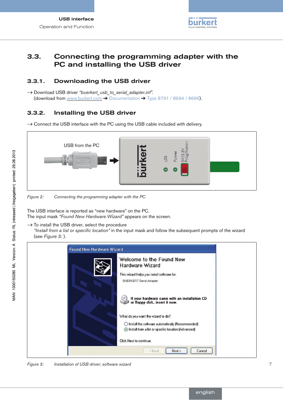 Downloading the usb driver, Installing the usb driver | Burkert Type 8791 User Manual | Page 7 / 21