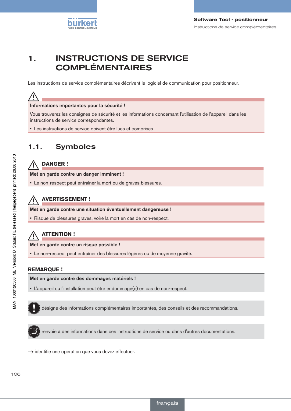 Instructions de service complémentaires, Symboles | Burkert Type 8791 User Manual | Page 106 / 154