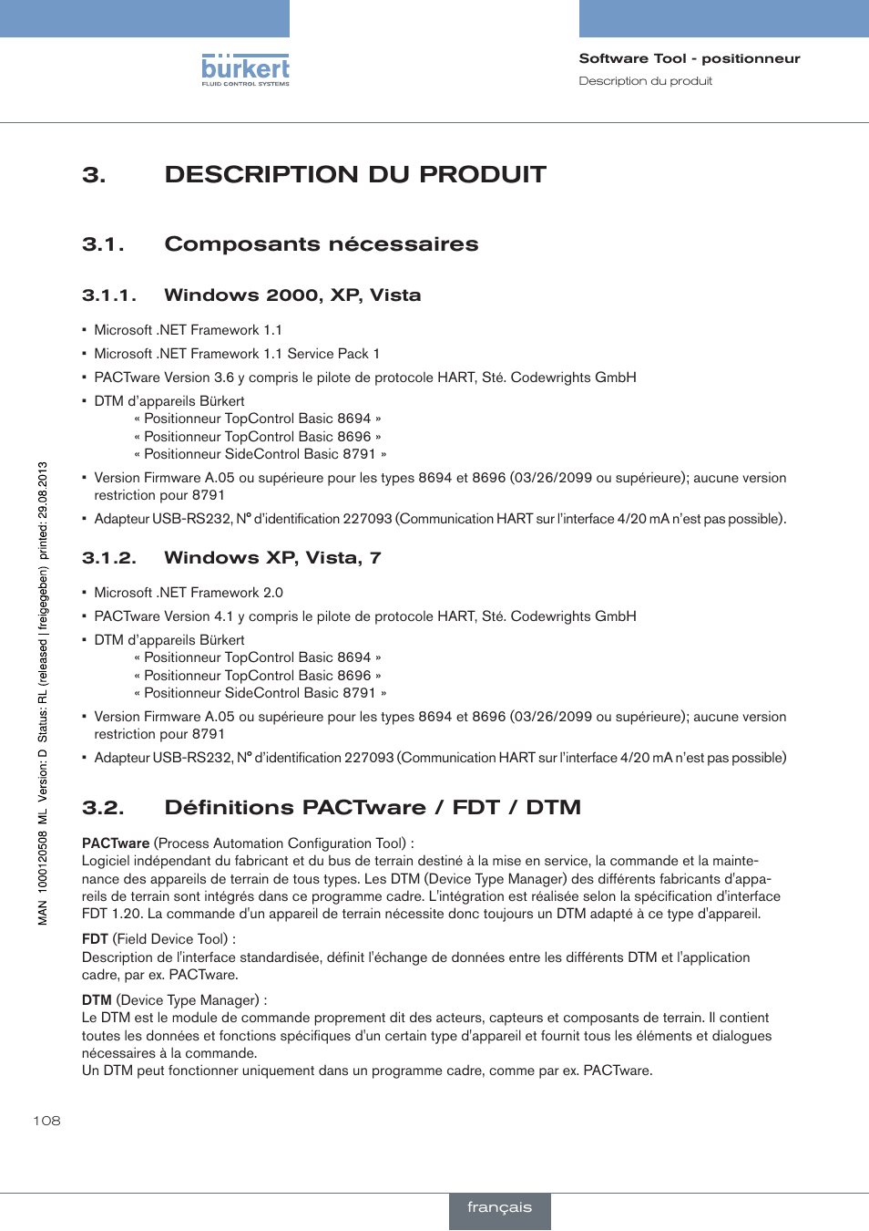 Description du produit, Composants nécessaires, Windows 2000, xp, vista | Windows xp, vista, 7, Définitions pactware / fdt / dtm | Burkert Type 8791 User Manual | Page 108 / 154