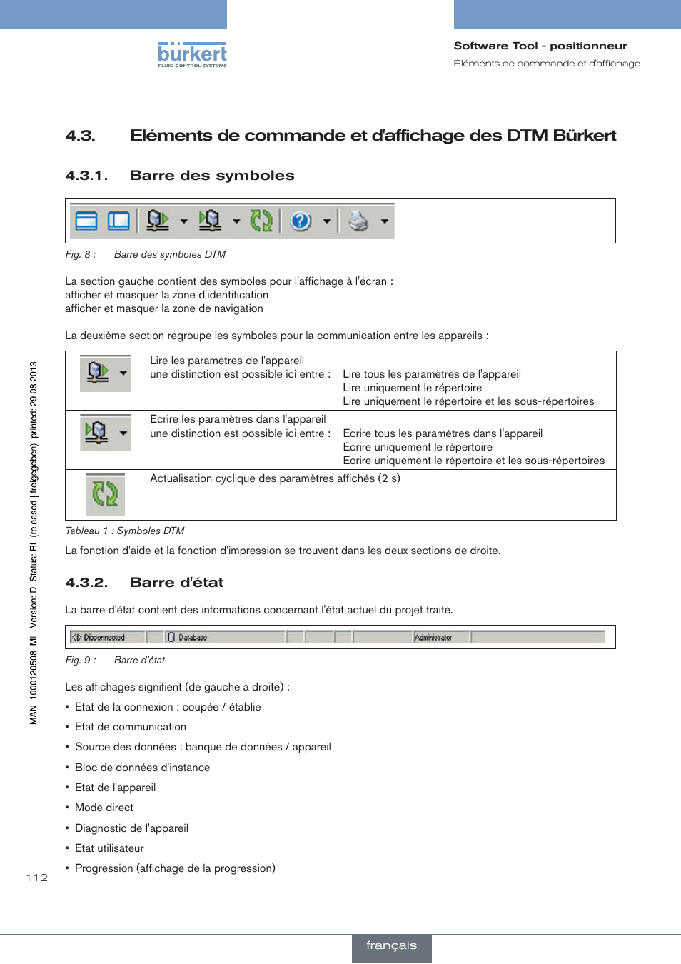 Barre des symboles, Barre d'état | Burkert Type 8791 User Manual | Page 112 / 154