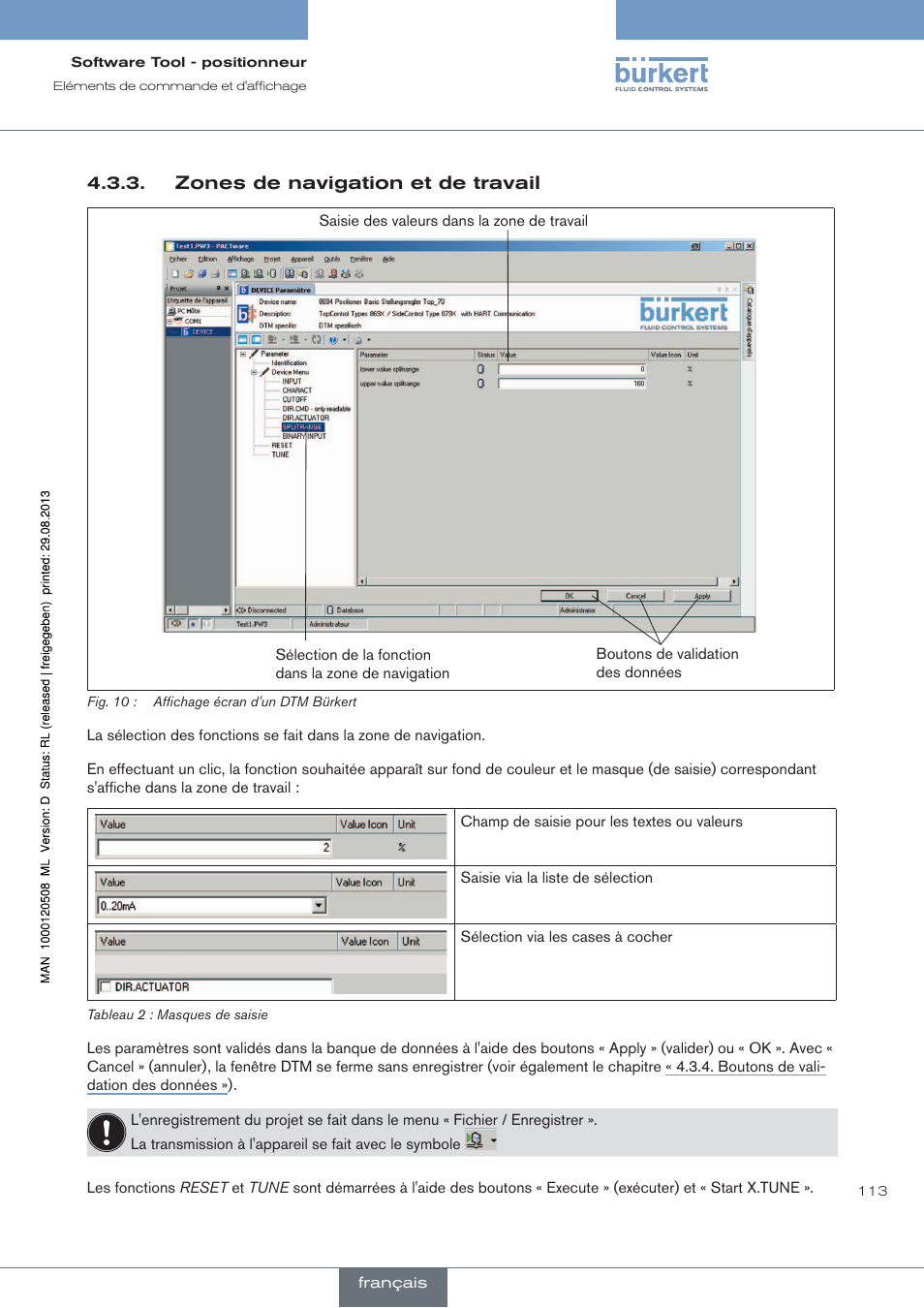 Zones de navigation et de travail | Burkert Type 8791 User Manual | Page 113 / 154