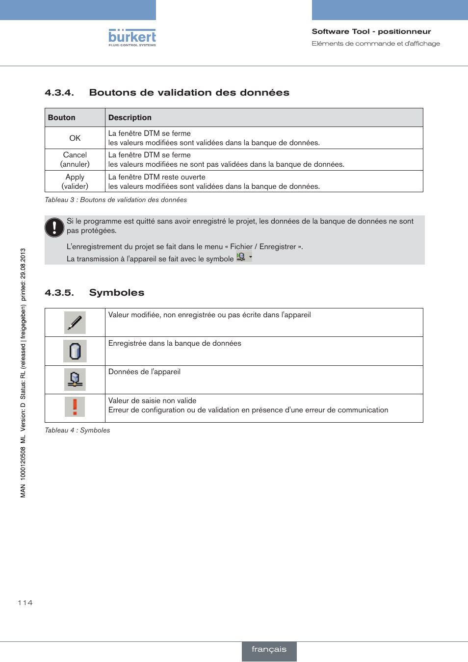 Boutons de validation des données, Symboles | Burkert Type 8791 User Manual | Page 114 / 154