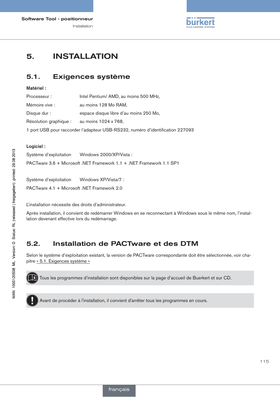 Installation, Exigences système, Installation de pactware et des dtm | Burkert Type 8791 User Manual | Page 115 / 154