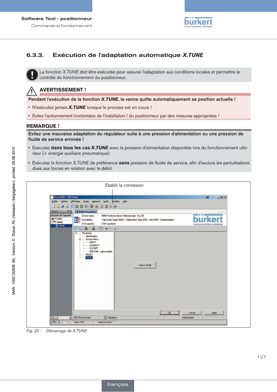 Exécution de l'adaptation automatique x.tune | Burkert Type 8791 User Manual | Page 127 / 154