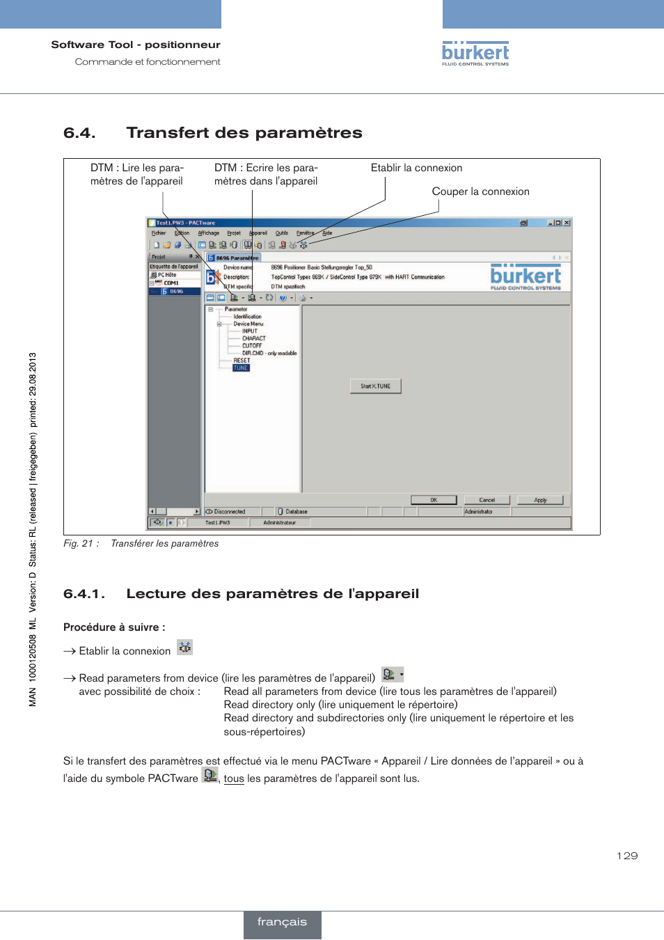 Transfert des paramètres, Lecture des paramètres de l'appareil | Burkert Type 8791 User Manual | Page 129 / 154