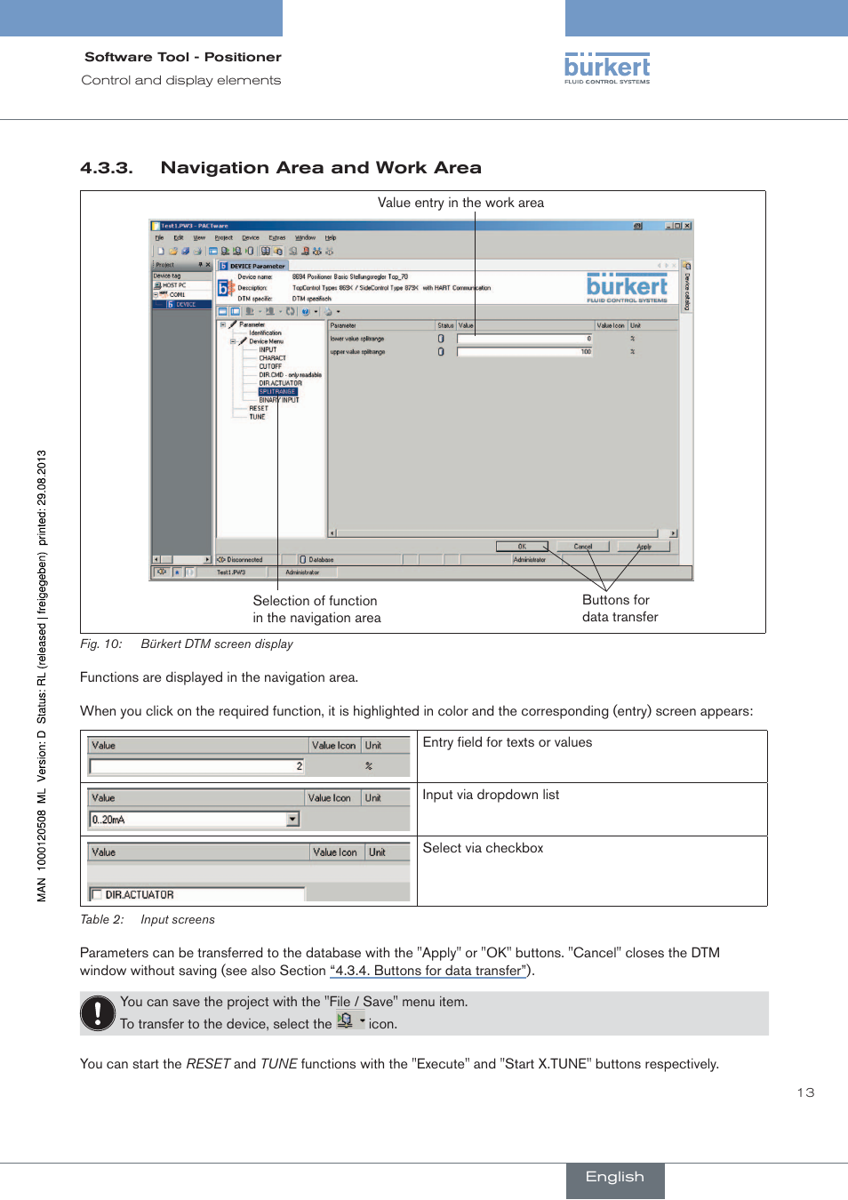 Navigation area and work area | Burkert Type 8791 User Manual | Page 13 / 154