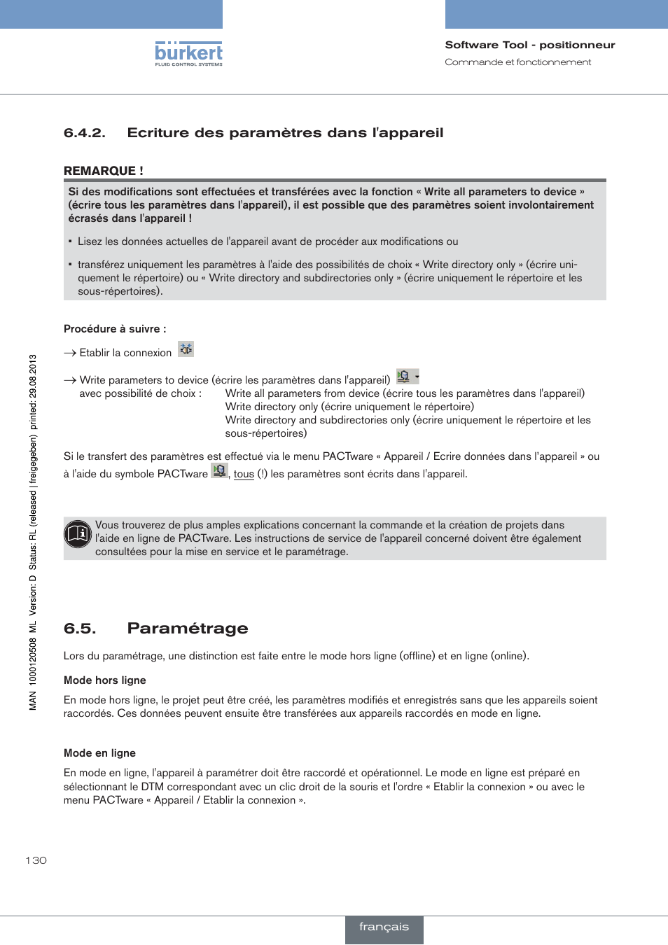 Ecriture des paramètres dans l'appareil, Paramétrage | Burkert Type 8791 User Manual | Page 130 / 154