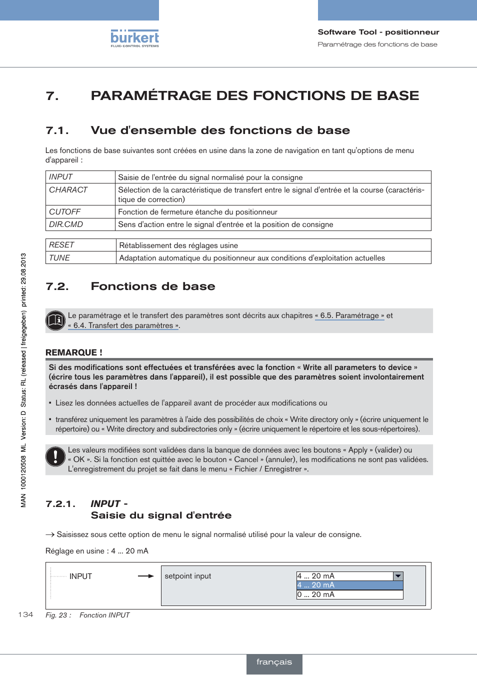 Paramétrage des fonctions de base, Vue d'ensemble des fonctions de base, Fonctions de base | Input, Saisie du signal d'entrée | Burkert Type 8791 User Manual | Page 134 / 154