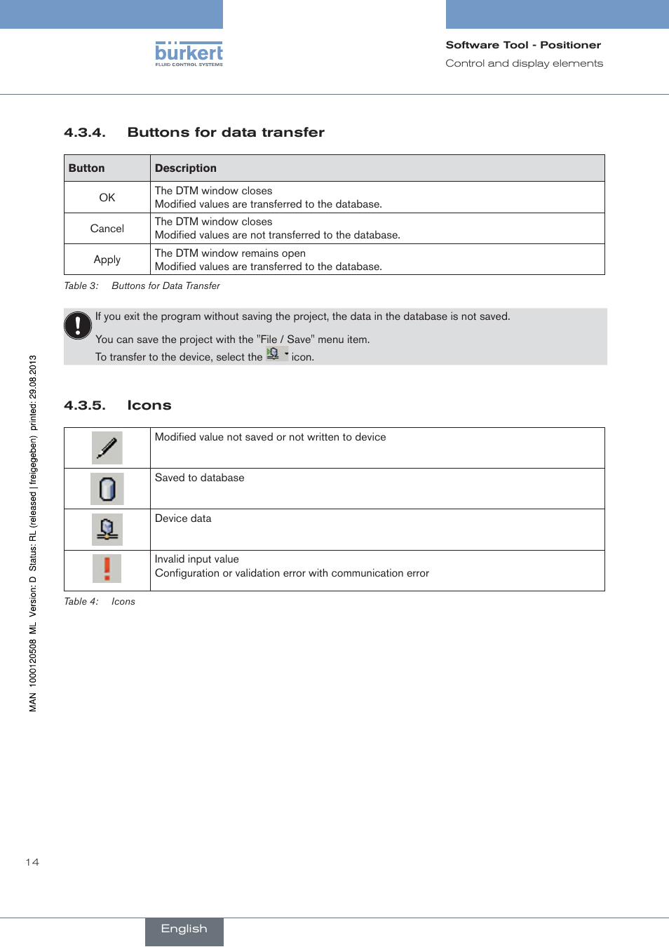 Buttons for data transfer, Icons | Burkert Type 8791 User Manual | Page 14 / 154