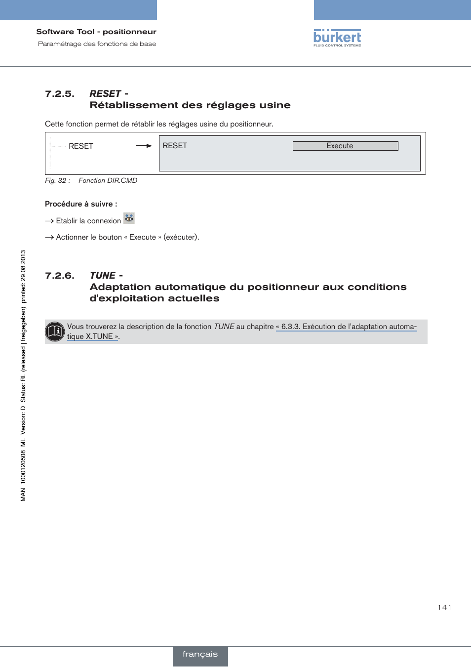 Reset, Rétablissement des réglages usine, Tune | Burkert Type 8791 User Manual | Page 141 / 154