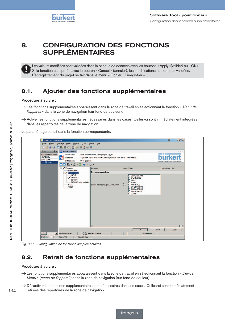 Configuration des fonctions supplémentaires, Ajouter des fonctions supplémentaires, Retrait de fonctions supplémentaires | Burkert Type 8791 User Manual | Page 142 / 154