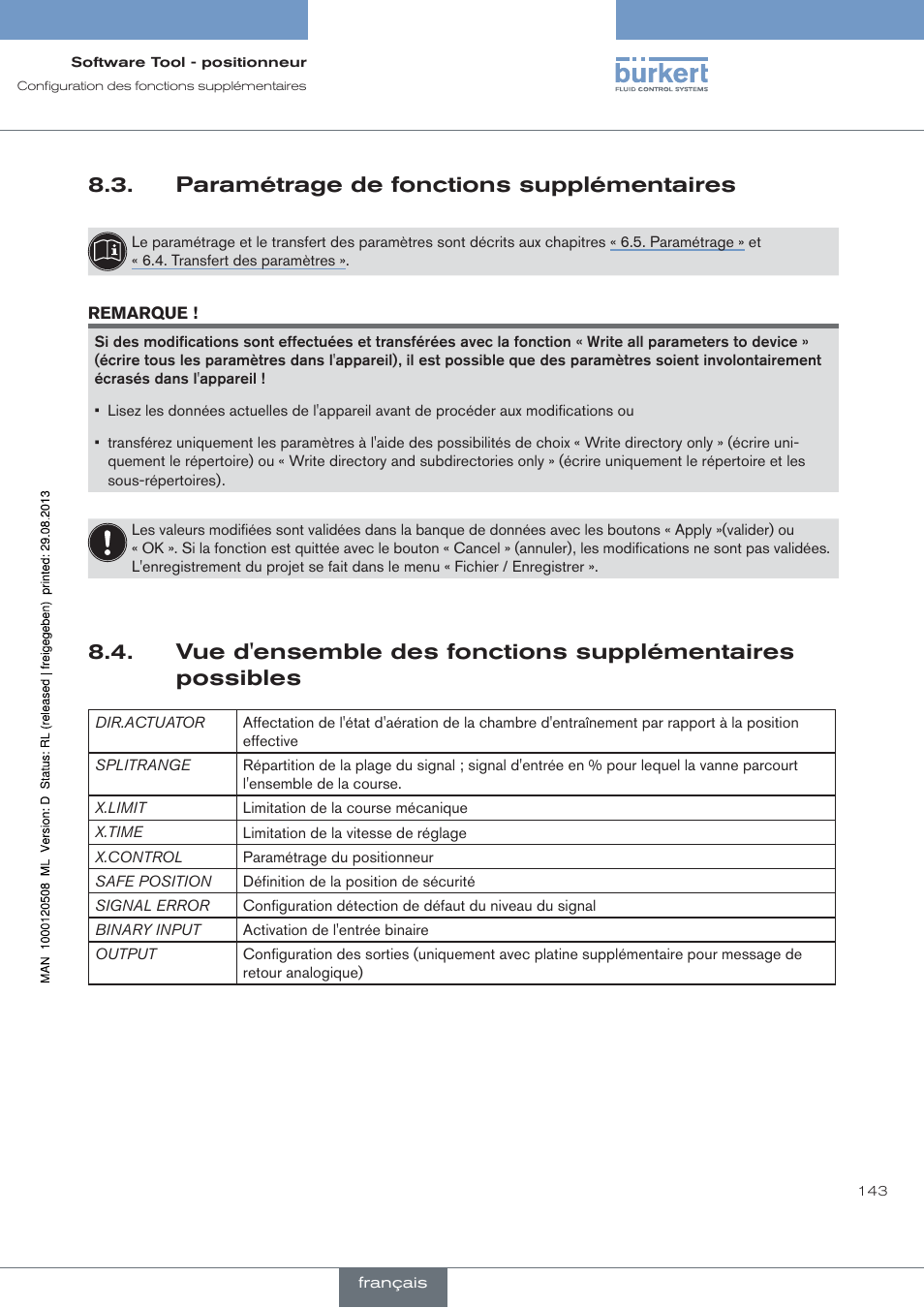 Paramétrage de fonctions supplémentaires | Burkert Type 8791 User Manual | Page 143 / 154