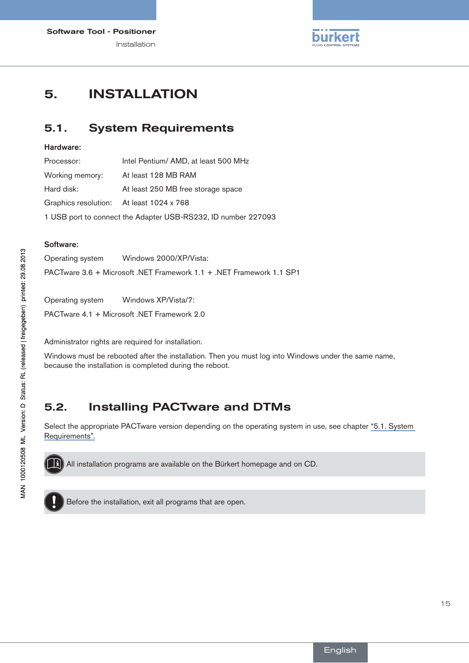 Installation, System requirements, Installing pactware and dtms | Burkert Type 8791 User Manual | Page 15 / 154