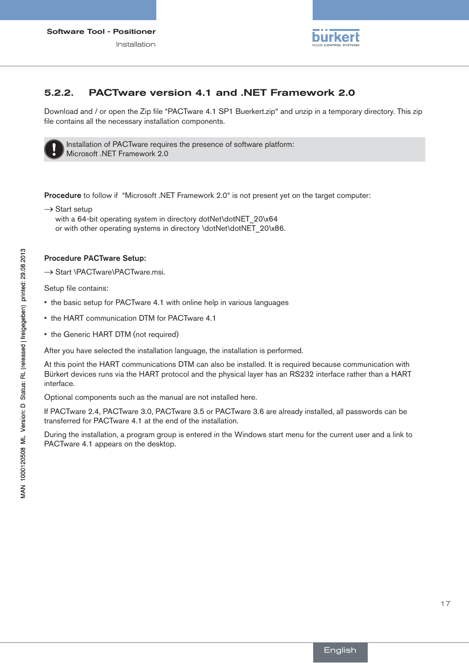 Pactware version 4.1 and .net framework 2.0 | Burkert Type 8791 User Manual | Page 17 / 154