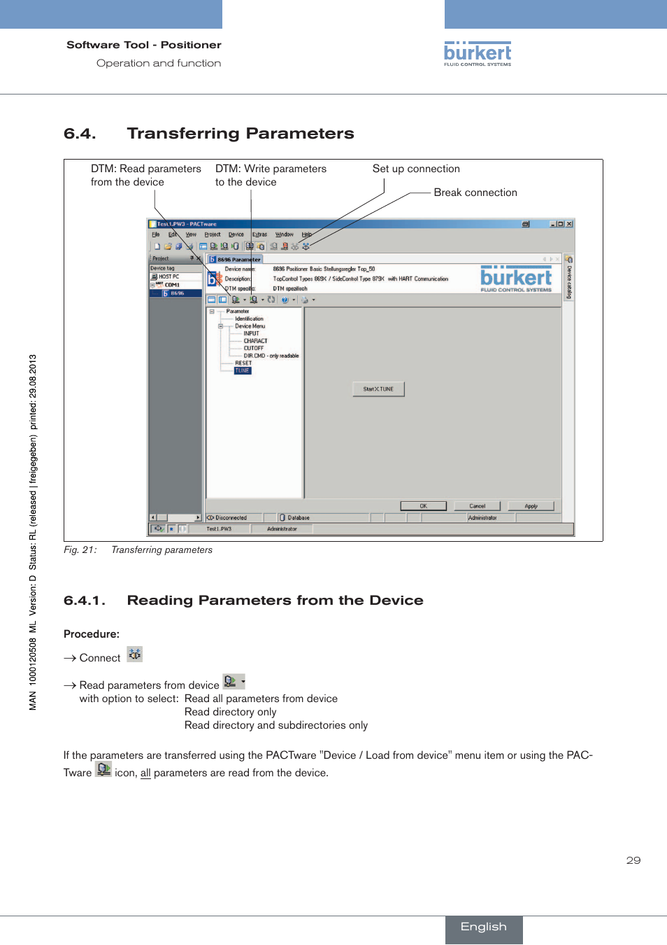 Transferring parameters, Reading parameters from the device | Burkert Type 8791 User Manual | Page 29 / 154