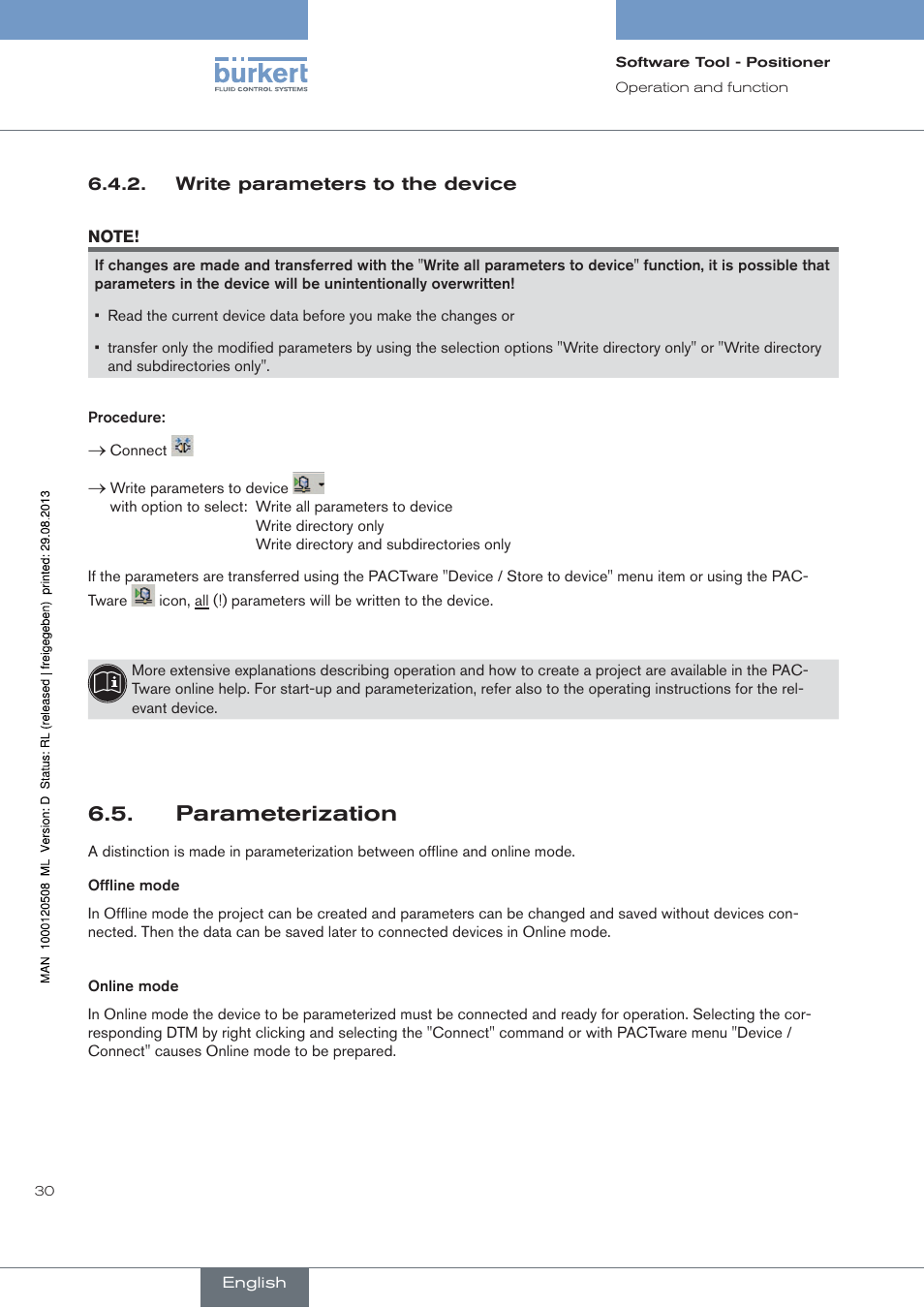 Write parameters to the device, Parameterization | Burkert Type 8791 User Manual | Page 30 / 154