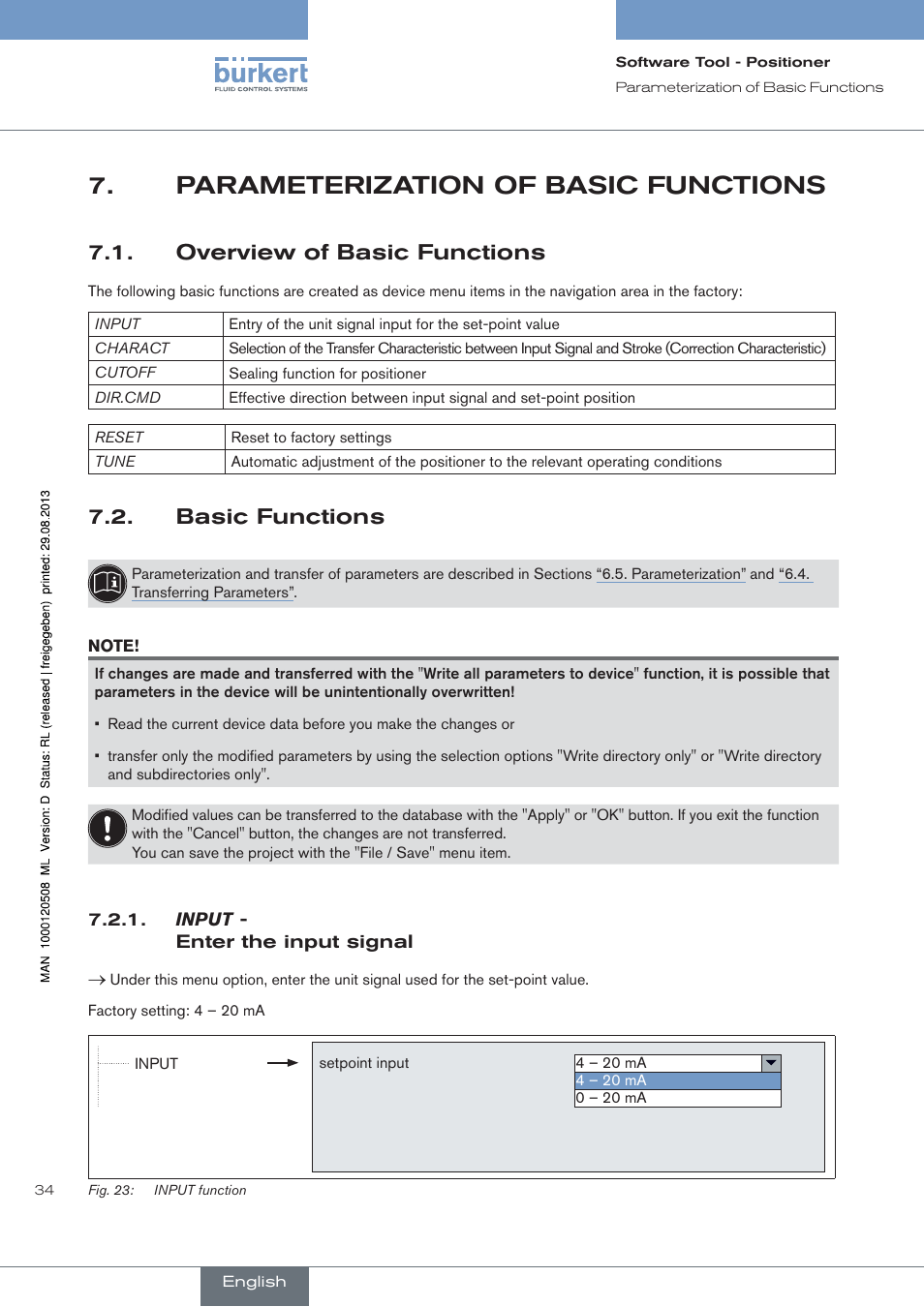 Parameterization of basic functions, Overview of basic functions, Basic functions | Input, Enter the input signal | Burkert Type 8791 User Manual | Page 34 / 154