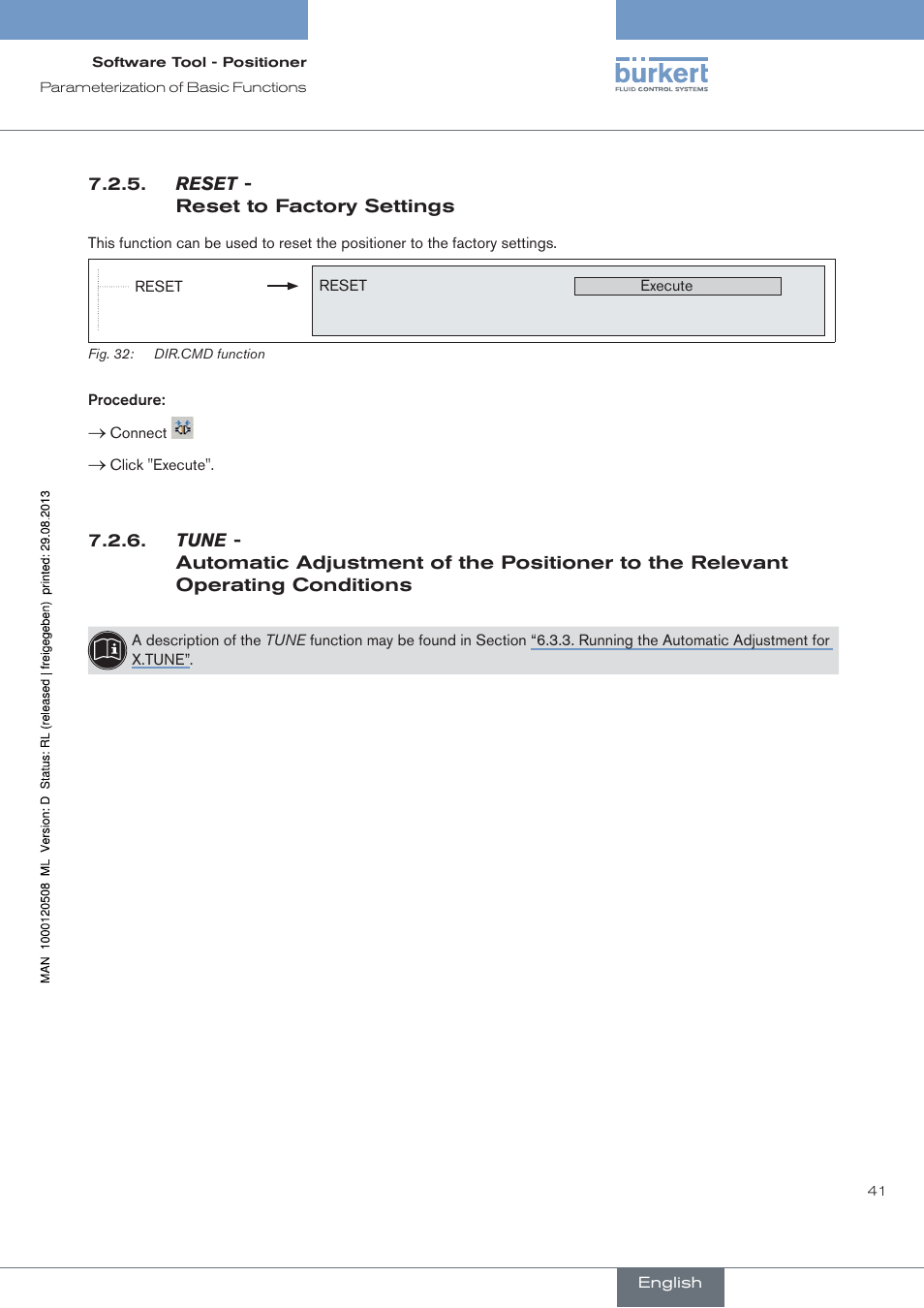 Reset, Reset to factory settings, Tune | Burkert Type 8791 User Manual | Page 41 / 154