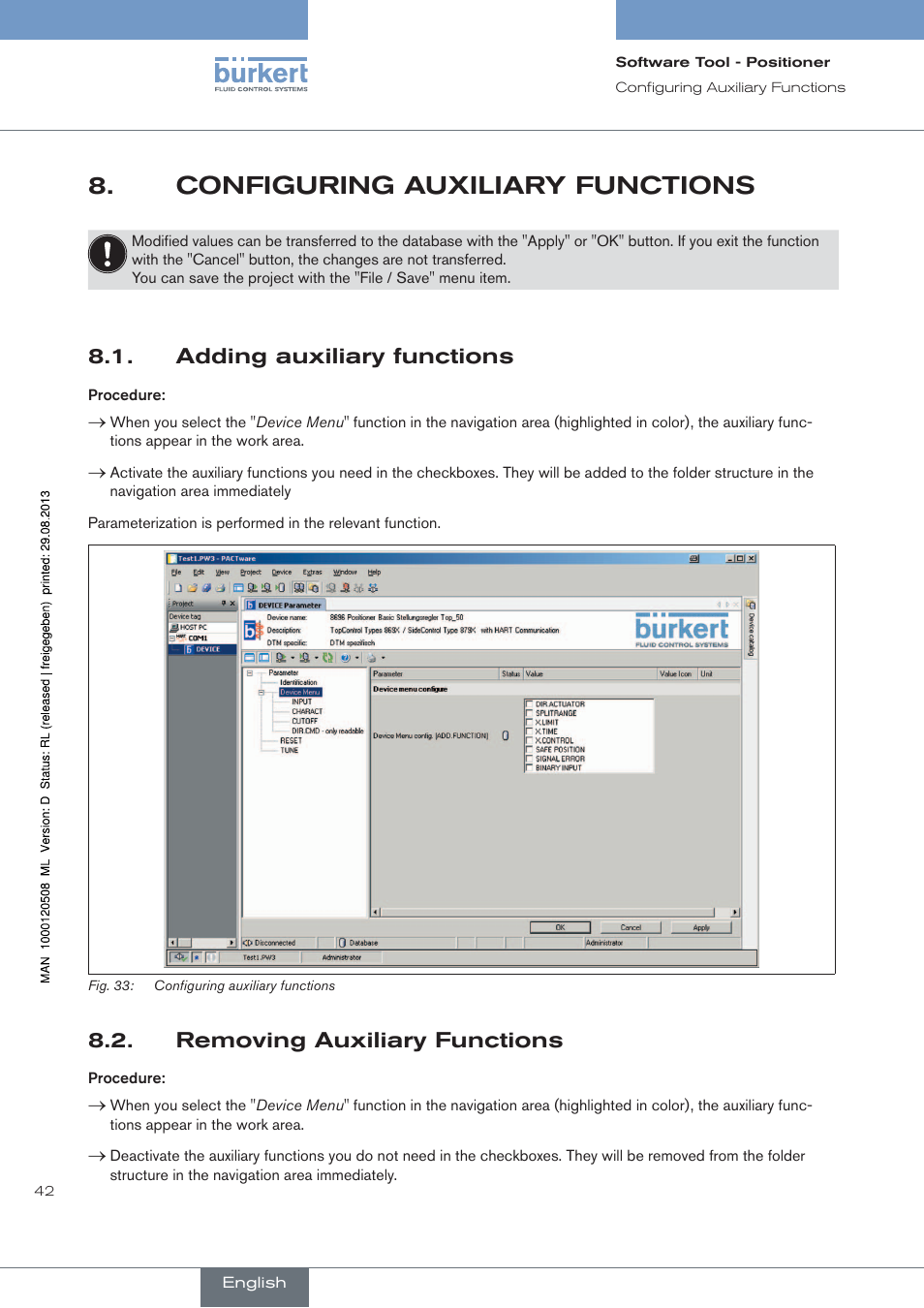 Configuring auxiliary functions, Adding auxiliary functions, Removing auxiliary functions | Burkert Type 8791 User Manual | Page 42 / 154