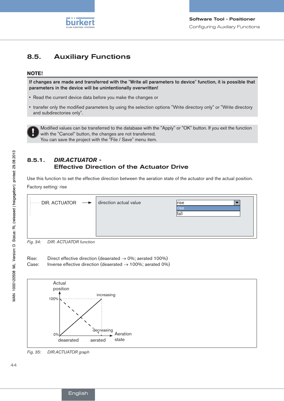 Auxiliary functions, Dir.actuator, Effective direction of the actuator drive | Burkert Type 8791 User Manual | Page 44 / 154