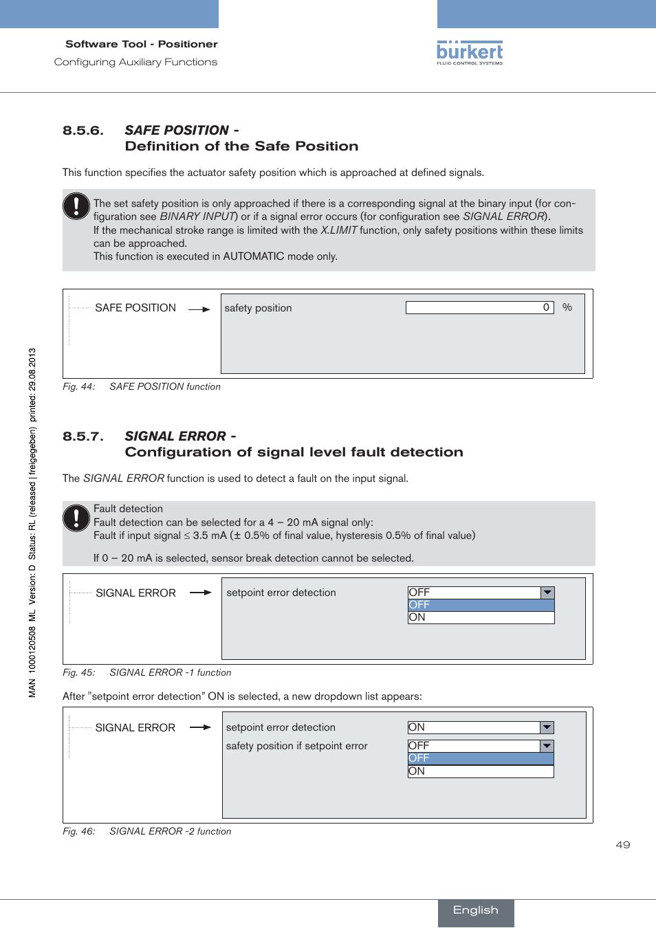 Safe.position, Definition of the safe position, Signal.error | Configuration of signal level fault detection | Burkert Type 8791 User Manual | Page 49 / 154