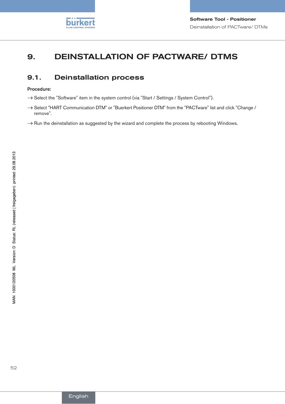 Deinstallation of pactware/ dtms, Deinstallation process | Burkert Type 8791 User Manual | Page 52 / 154