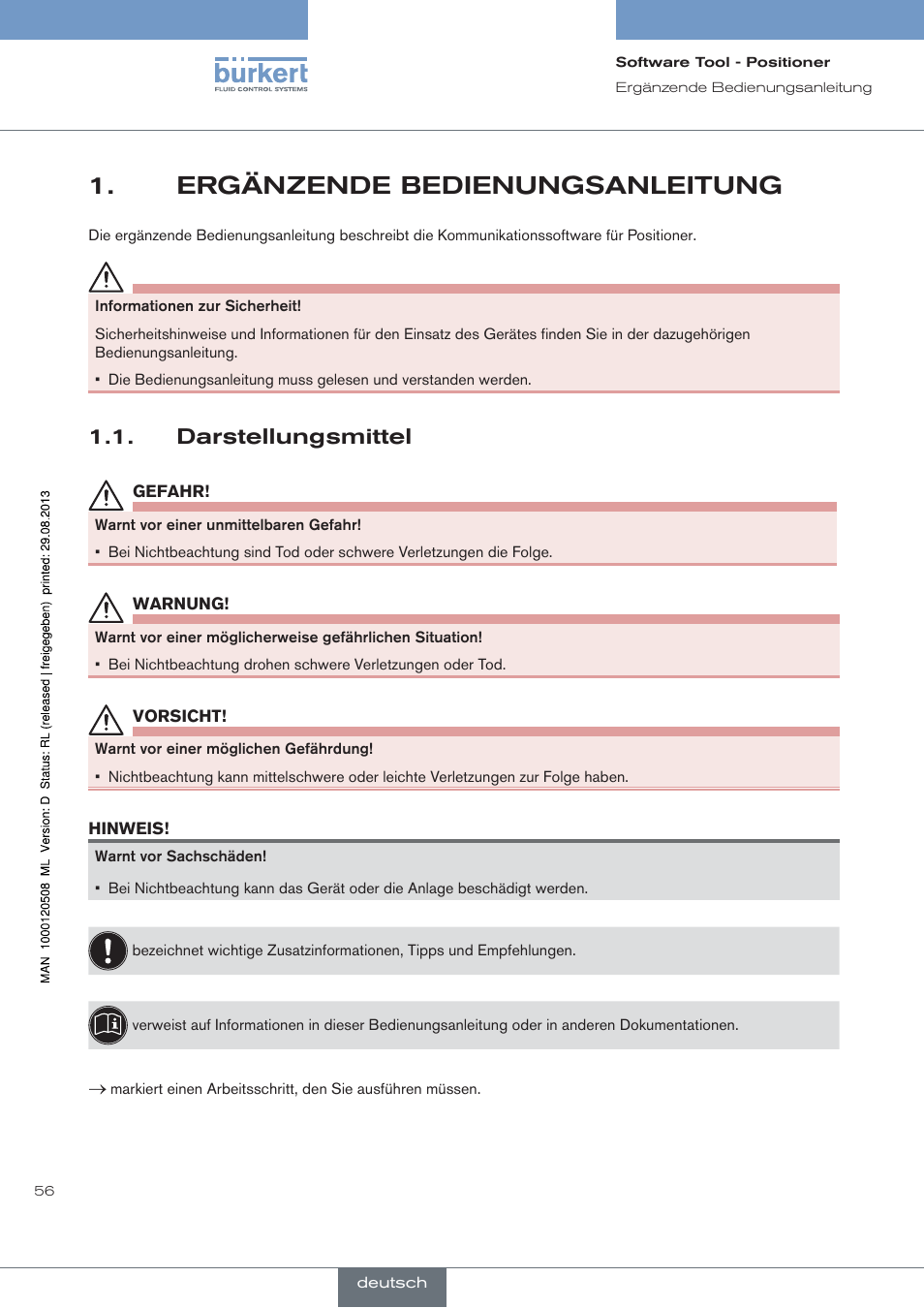 Ergänzende bedienungsanleitung, Darstellungsmittel | Burkert Type 8791 User Manual | Page 56 / 154